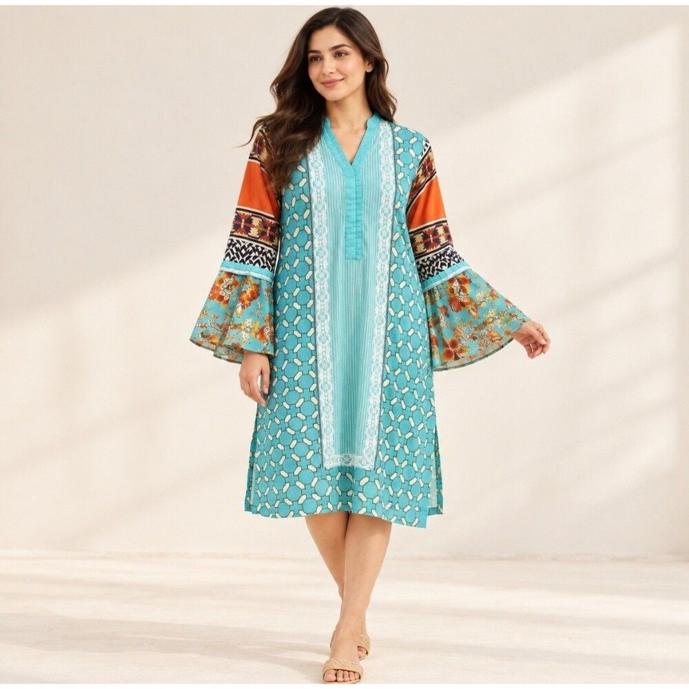 Sapphire Melograno Kurta Dress L NWT Aqua Floral Bell Sleeve Pakistani Lawn